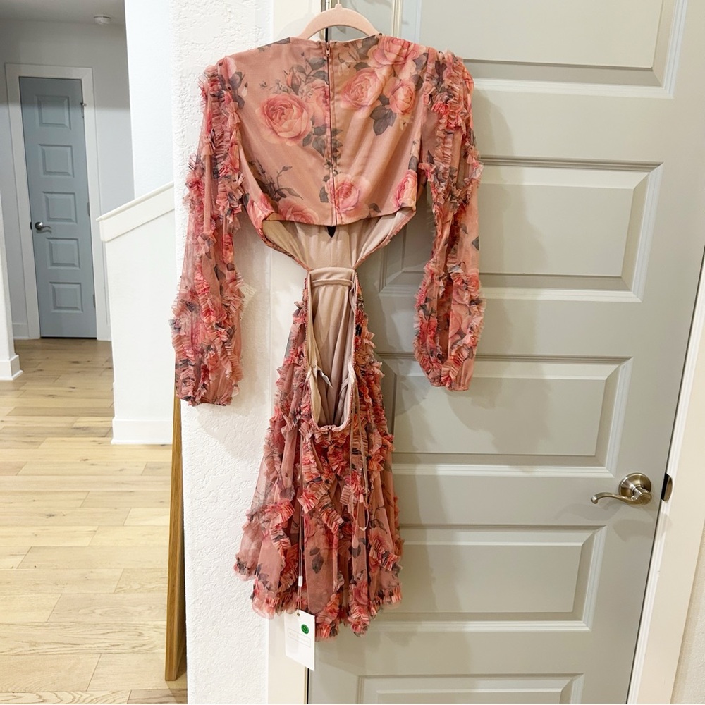 NWT A9151 Mac Duggal Rose Floral Ruffle Cutout Mini Dress Long Sleeve - Picture 10 of 10